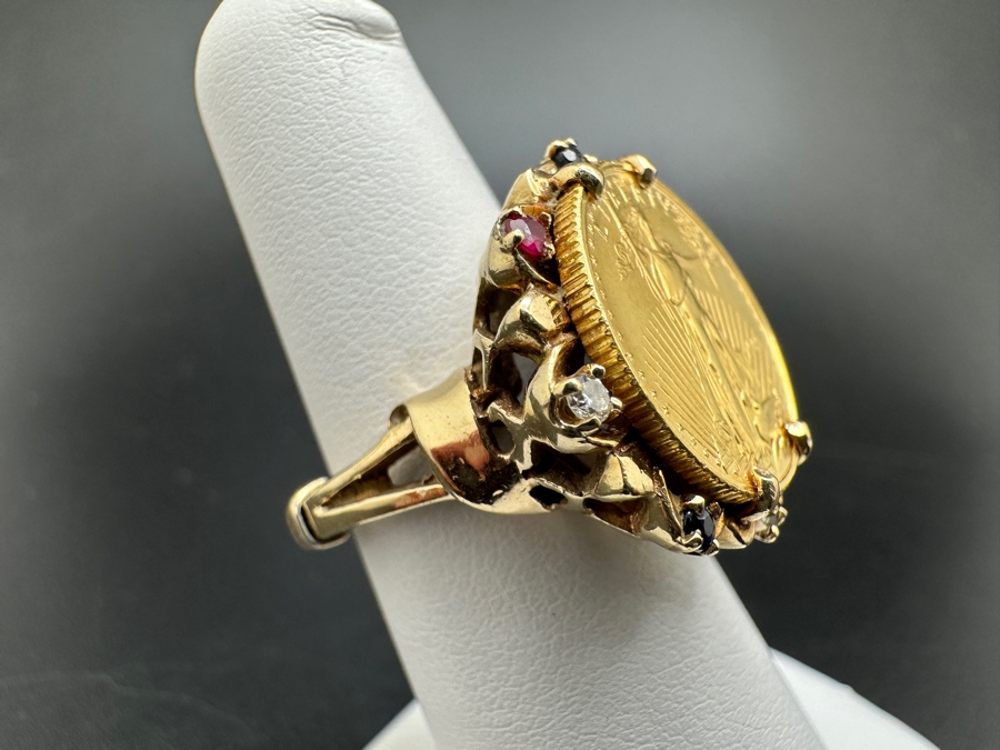 10K Gold Coin Ring 10.9g with Diamond Ruby and Sapphire Accents 1/10 Oz. $5 American Liberty Eagle Coin 22K 16.5mm Size 5 FMV $500 Retail $1,000 [Photo 4]