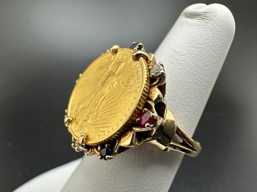10K Gold Coin Ring 10.9g with Diamond Ruby and Sapphire Accents 1/10 Oz. $5 American Liberty Eagle Coin 22K 16.5mm Size 5 FMV $500 Retail $1,000 [Photo 8]