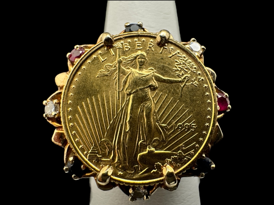 10K Gold Coin Ring 10.9g with Diamond Ruby and Sapphire Accents 1/10 Oz. $5 American Liberty Eagle Coin 22K 16.5mm Size 5 FMV $500 Retail $1,000 [Photo 1]