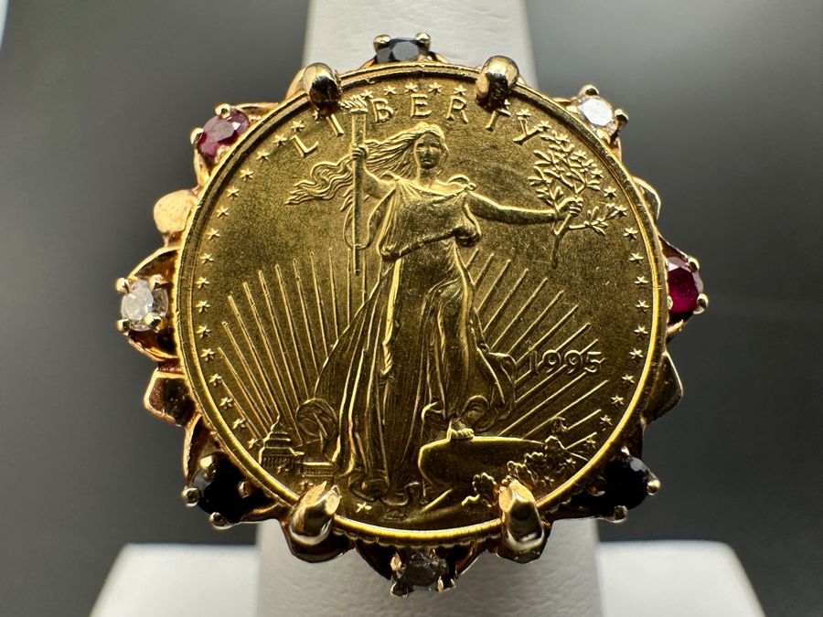10K Gold Coin Ring 10.9g with Diamond Ruby and Sapphire Accents 1/10 Oz. $5 American Liberty Eagle Coin 22K 16.5mm Size 5 FMV $500 Retail $1,000 [Photo 3]