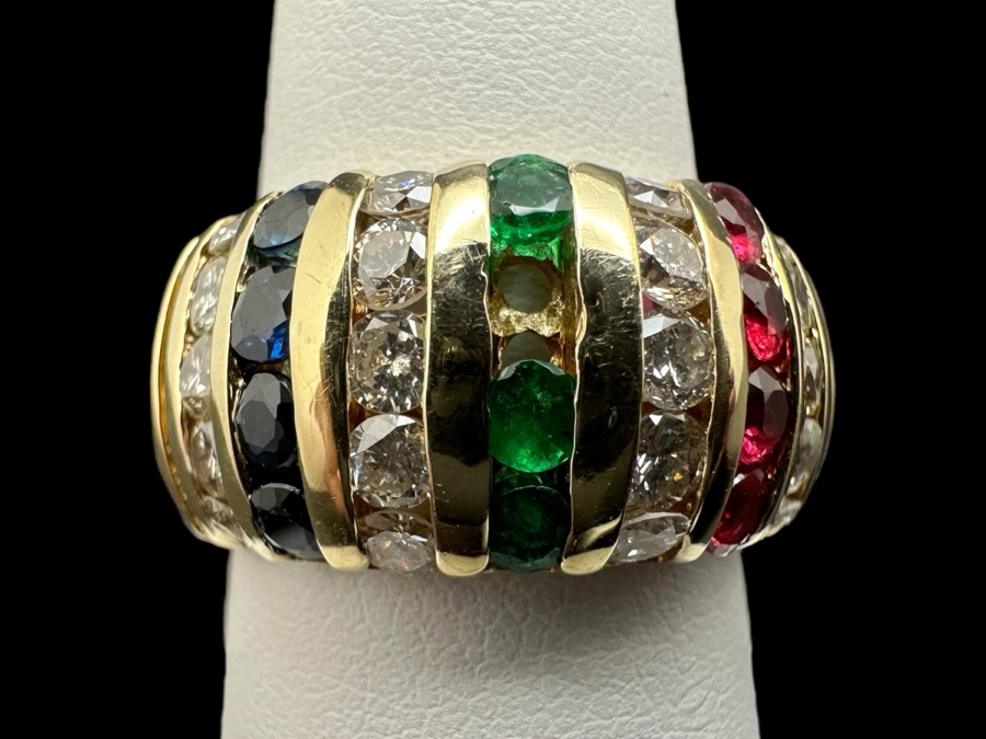 14K Gold and Precious Stone Ring 10.1g .75 cttw Diamonds .28 cttw Rubies .28 cttw Sapphires .20 cttw Emeralds Size 7.25 FMV $1,500 Retail $3,000 [Photo 1]