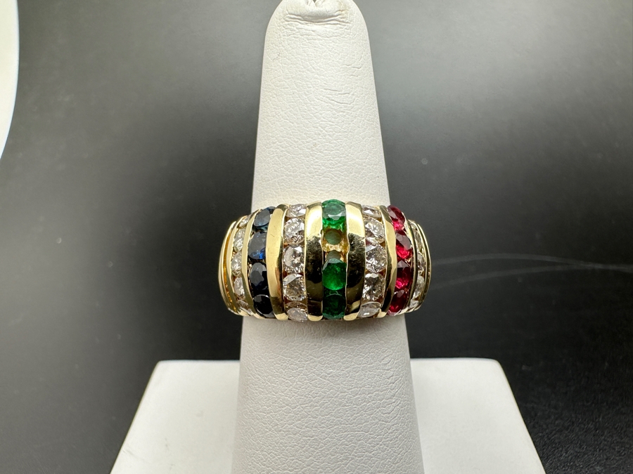 14K Gold and Precious Stone Ring 10.1g .75 cttw Diamonds .28 cttw Rubies .28 cttw Sapphires .20 cttw Emeralds Size 7.25 FMV $1,500 Retail $3,000 [Photo 2]