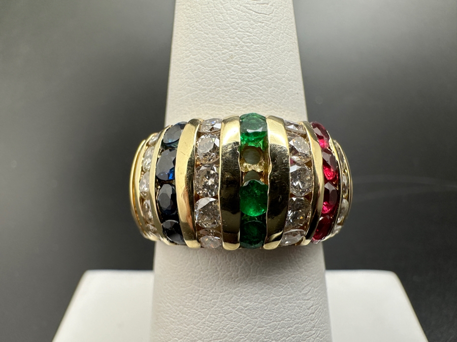 14K Gold and Precious Stone Ring 10.1g .75 cttw Diamonds .28 cttw Rubies .28 cttw Sapphires .20 cttw Emeralds Size 7.25 FMV $1,500 Retail $3,000 [Photo 3]