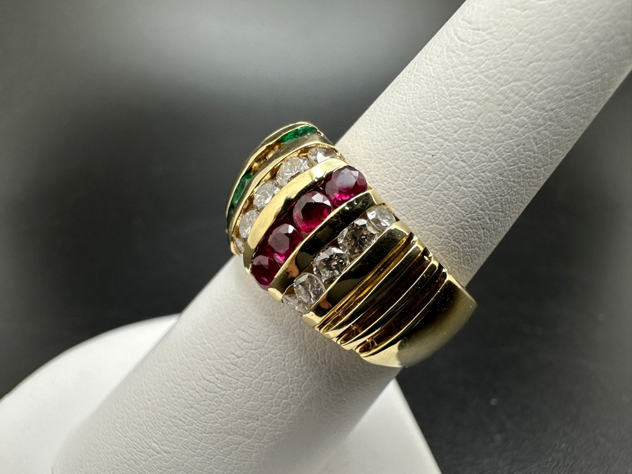 14K Gold and Precious Stone Ring 10.1g .75 cttw Diamonds .28 cttw Rubies .28 cttw Sapphires .20 cttw Emeralds Size 7.25 FMV $1,500 Retail $3,000 [Photo 8]