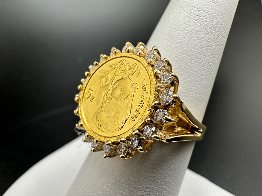 14K Gold and CZ with 1/10 Oz .999 Fine Gold Coin Panda Ring 5.9g (3.1g .999 Fine Gold / 2.8g 14K) Size 7.5 FMV $450 Retail $900 [Photo 9]
