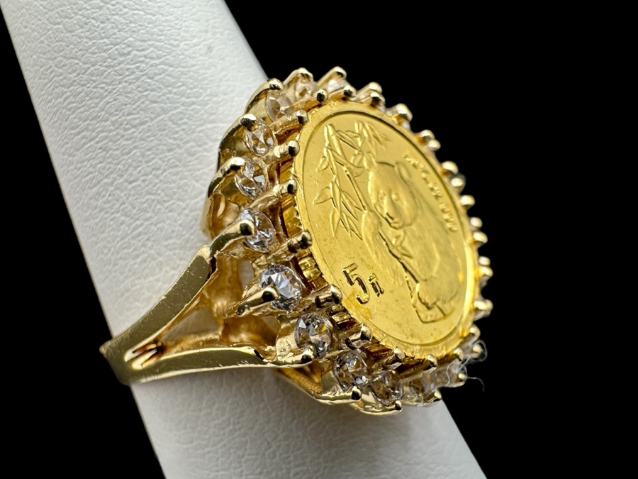 14K Gold and CZ with 1/10 Oz .999 Fine Gold Coin Panda Ring 5.9g (3.1g .999 Fine Gold / 2.8g 14K) Size 7.5 FMV $450 Retail $900 [Photo 1]