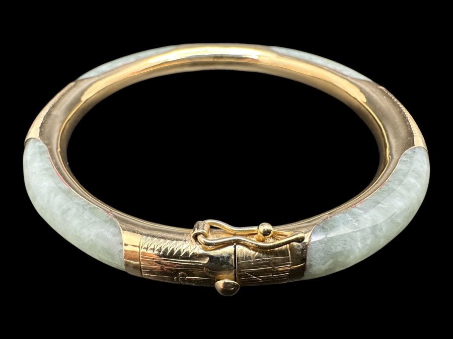 Pale Green Jade Bangle with 14K Gold Decorations FMV $300 Retail $600 [Photo 1]