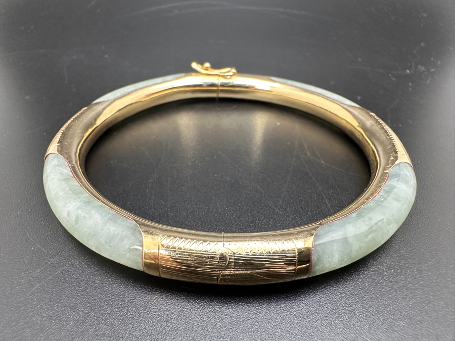 Pale Green Jade Bangle with 14K Gold Decorations FMV $300 Retail $600 [Photo 6]