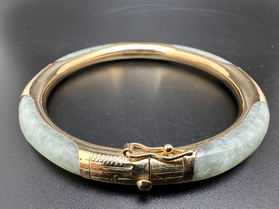 Pale Green Jade Bangle with 14K Gold Decorations FMV $300 Retail $600 [Photo 3]