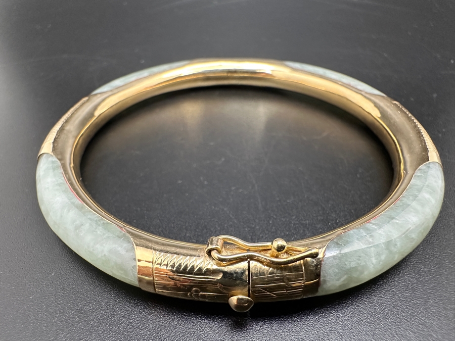 Pale Green Jade Bangle with 14K Gold Decorations FMV $300 Retail $600 [Photo 2]