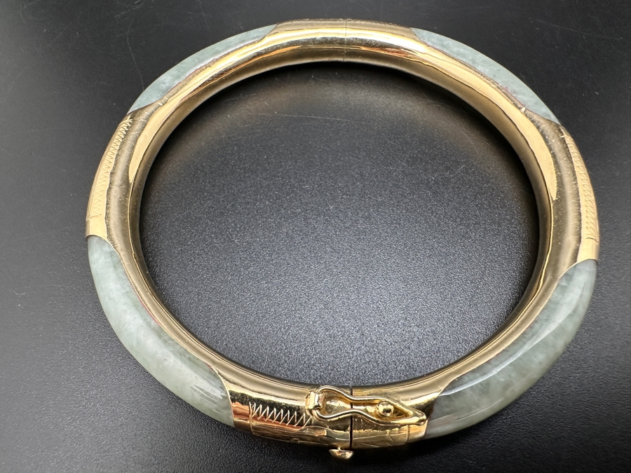 Pale Green Jade Bangle with 14K Gold Decorations FMV $300 Retail $600 [Photo 5]