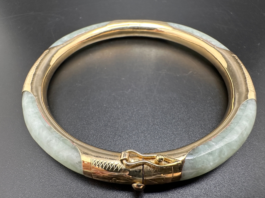 Pale Green Jade Bangle with 14K Gold Decorations FMV $300 Retail $600 [Photo 4]