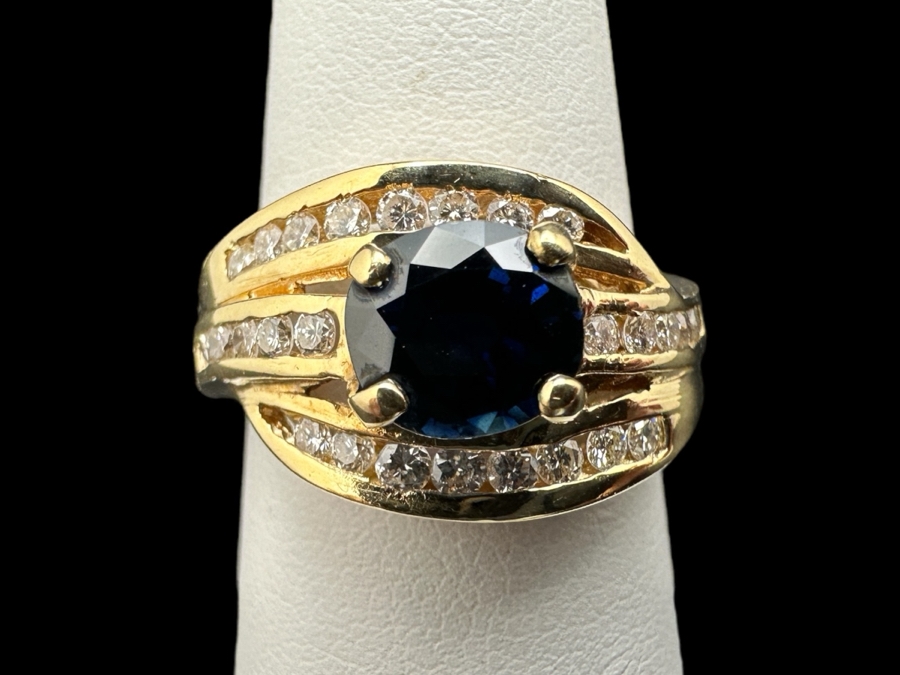 14K Gold Sapphire and Diamond Ring 5.0g ～.75 cttw Diamonds G-H SI¹-SI² set with Lab Grown Sapphire Size 6.5 FMV $725 Retail $1,450 [Photo 1]