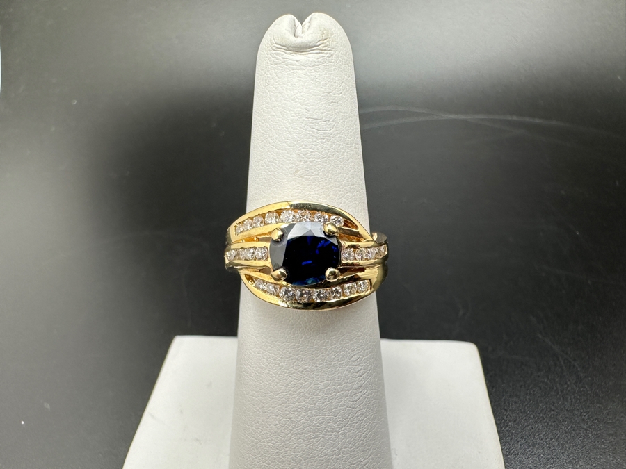 14K Gold Sapphire and Diamond Ring 5.0g ～.75 cttw Diamonds G-H SI¹-SI² set with Lab Grown Sapphire Size 6.5 FMV $725 Retail $1,450 [Photo 2]