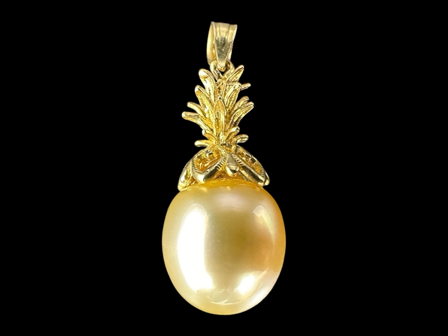 14K Gold Pineapple Pendant with Elongated South Sea Medium Tone Pearl 4.2g FMV $750 Retail $1,500 [Photo 1]