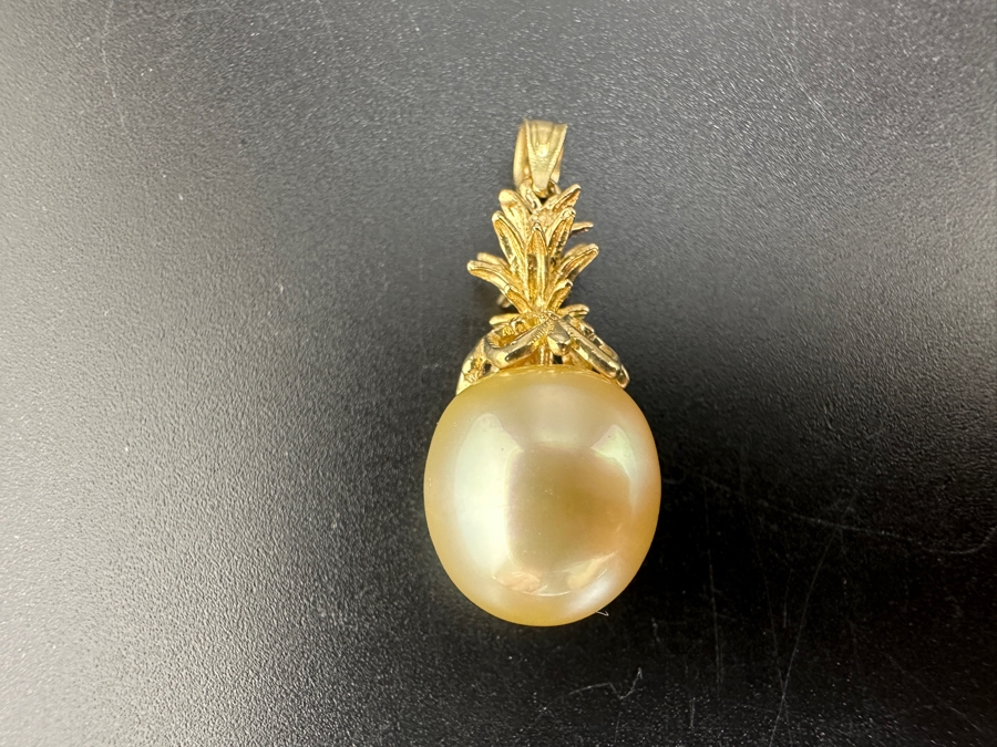 14K Gold Pineapple Pendant with Elongated South Sea Medium Tone Pearl 4.2g FMV $750 Retail $1,500 [Photo 6]