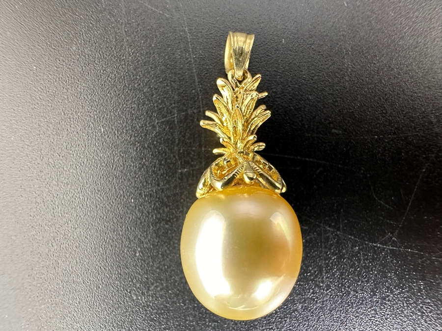 14K Gold Pineapple Pendant with Elongated South Sea Medium Tone Pearl 4.2g FMV $750 Retail $1,500 [Photo 7]