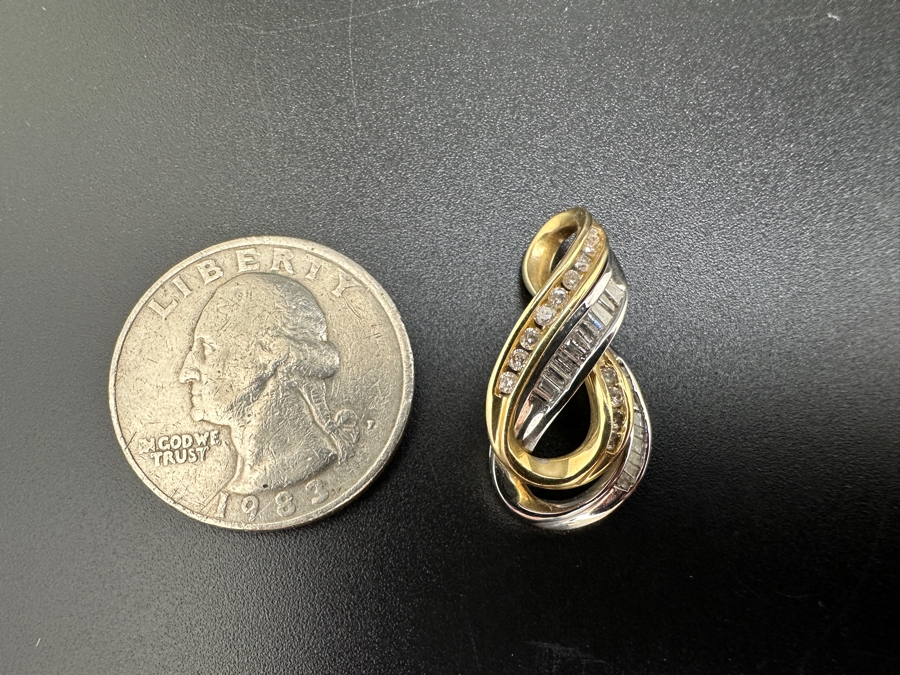 14K Two Tone Diamond Pendant 3.2g .25 cttw Round Brilliant .35 cttw Baguette Diamonds FMV $750 Retail $1,500 [Photo 7]