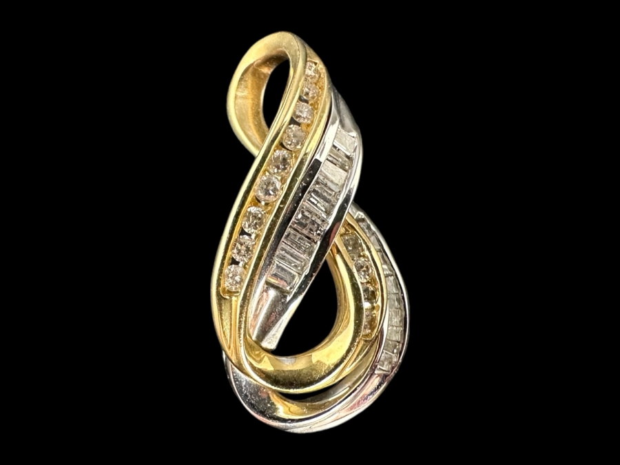 14K Two Tone Diamond Pendant 3.2g .25 cttw Round Brilliant .35 cttw Baguette Diamonds FMV $750 Retail $1,500 [Photo 1]