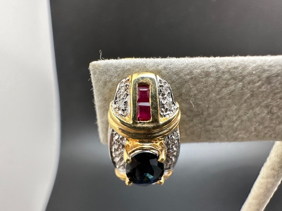 14K Gold 7 X 5 Black Sapphire (1ctt X 2) 2X2 Ruby 2X2 Emerald and Diamond Earrings 7.2g FMV $1,400 Retail $2,800 [Photo 7]