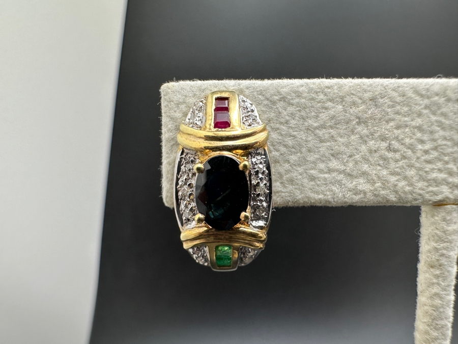 14K Gold 7 X 5 Black Sapphire (1ctt X 2) 2X2 Ruby 2X2 Emerald and Diamond Earrings 7.2g FMV $1,400 Retail $2,800 [Photo 3]