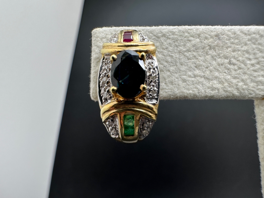 14K Gold 7 X 5 Black Sapphire (1ctt X 2) 2X2 Ruby 2X2 Emerald and Diamond Earrings 7.2g FMV $1,400 Retail $2,800 [Photo 9]