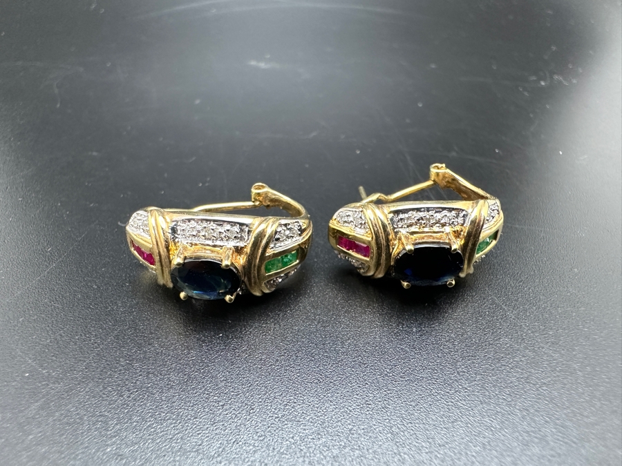 14K Gold 7 X 5 Black Sapphire (1ctt X 2) 2X2 Ruby 2X2 Emerald and Diamond Earrings 7.2g FMV $1,400 Retail $2,800 [Photo 12]
