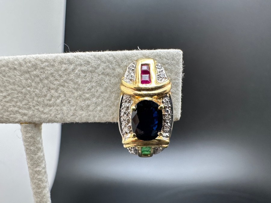 14K Gold 7 X 5 Black Sapphire (1ctt X 2) 2X2 Ruby 2X2 Emerald and Diamond Earrings 7.2g FMV $1,400 Retail $2,800 [Photo 10]