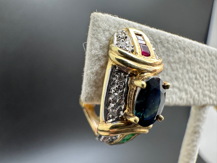 14K Gold 7 X 5 Black Sapphire (1ctt X 2) 2X2 Ruby 2X2 Emerald and Diamond Earrings 7.2g FMV $1,400 Retail $2,800 [Photo 6]
