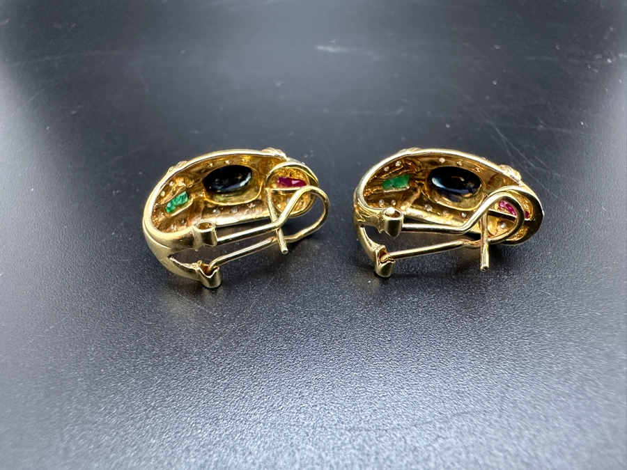 14K Gold 7 X 5 Black Sapphire (1ctt X 2) 2X2 Ruby 2X2 Emerald and Diamond Earrings 7.2g FMV $1,400 Retail $2,800 [Photo 13]