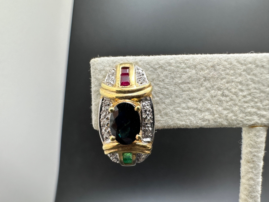 14K Gold 7 X 5 Black Sapphire (1ctt X 2) 2X2 Ruby 2X2 Emerald and Diamond Earrings 7.2g FMV $1,400 Retail $2,800 [Photo 4]