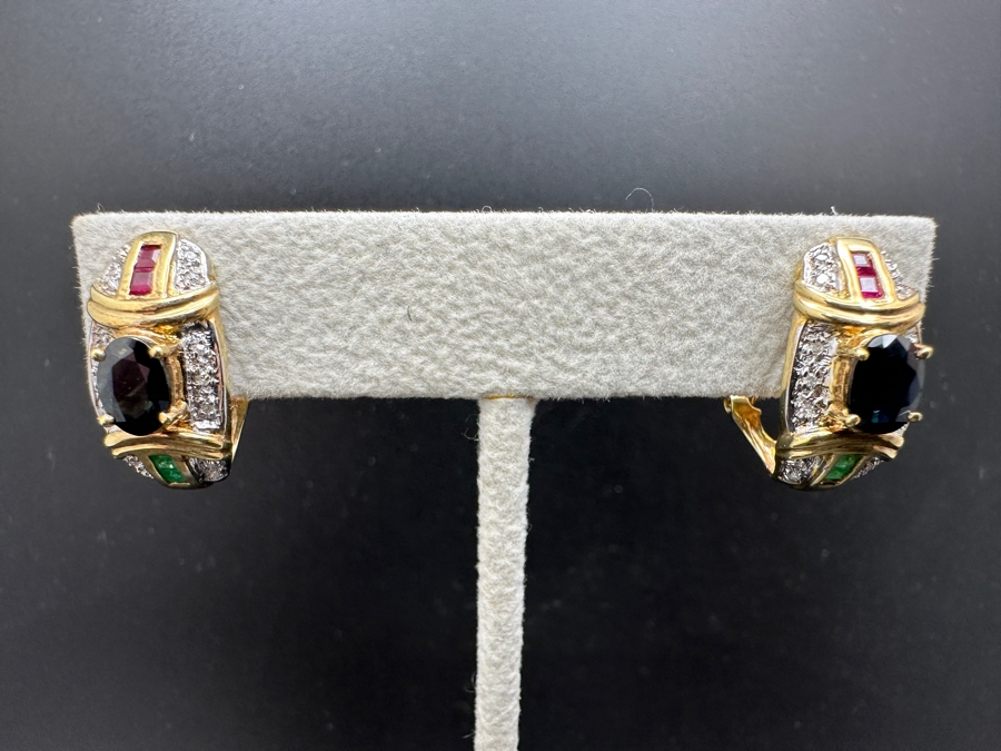 14K Gold 7 X 5 Black Sapphire (1ctt X 2) 2X2 Ruby 2X2 Emerald and Diamond Earrings 7.2g FMV $1,400 Retail $2,800 [Photo 2]