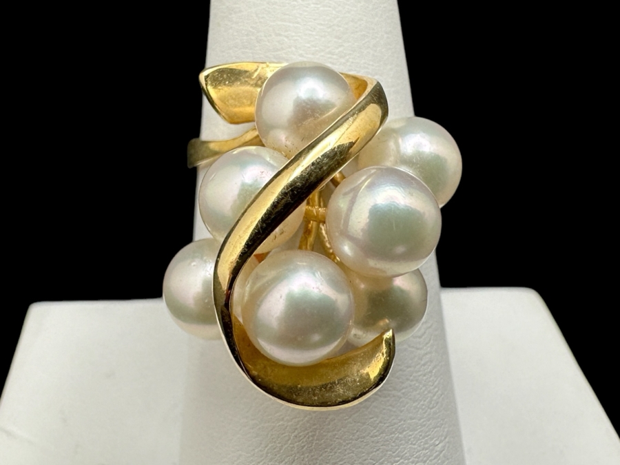 14K Gold and Pearl Ring 5.8g with 7 Cultured Pearls ～6mm each Size 7.25 FMV $550 Retail $1,100 [Photo 1]