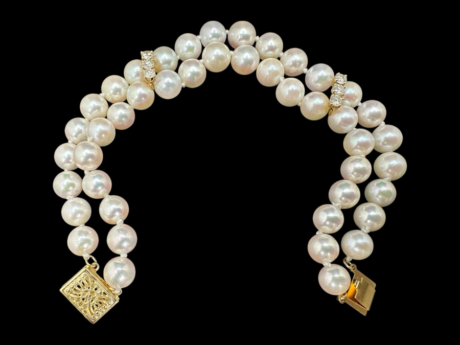 Double Strand Cultured Pearl Bracelet with ～.40 cttw Diamond Accents F-G Color SI²-I¹ 14K Gold Clasp 22.1g FMV $1,000 Retail $2,000 [Photo 2]