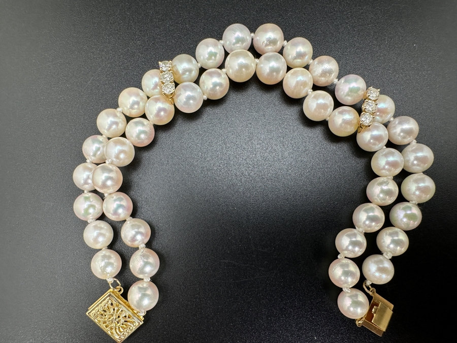 Double Strand Cultured Pearl Bracelet with ～.40 cttw Diamond Accents F-G Color SI²-I¹ 14K Gold Clasp 22.1g FMV $1,000 Retail $2,000 [Photo 3]