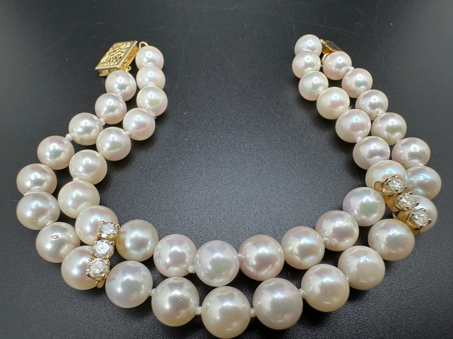 Double Strand Cultured Pearl Bracelet with ～.40 cttw Diamond Accents F-G Color SI²-I¹ 14K Gold Clasp 22.1g FMV $1,000 Retail $2,000 [Photo 9]
