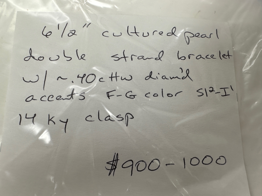 Double Strand Cultured Pearl Bracelet with ～.40 cttw Diamond Accents F-G Color SI²-I¹ 14K Gold Clasp 22.1g FMV $1,000 Retail $2,000 [Photo 14]