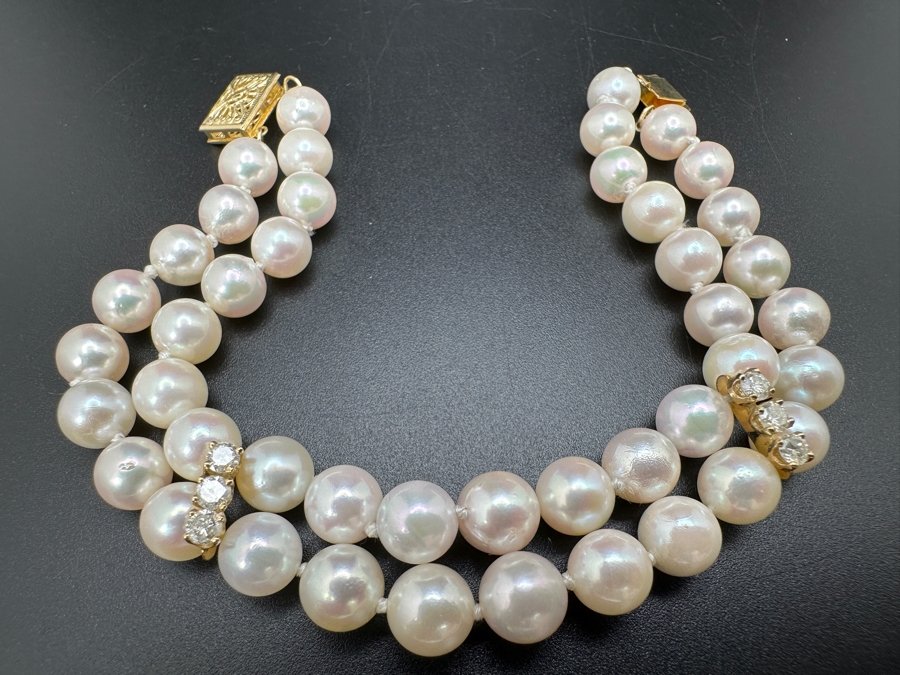 Double Strand Cultured Pearl Bracelet with ～.40 cttw Diamond Accents F-G Color SI²-I¹ 14K Gold Clasp 22.1g FMV $1,000 Retail $2,000 [Photo 8]