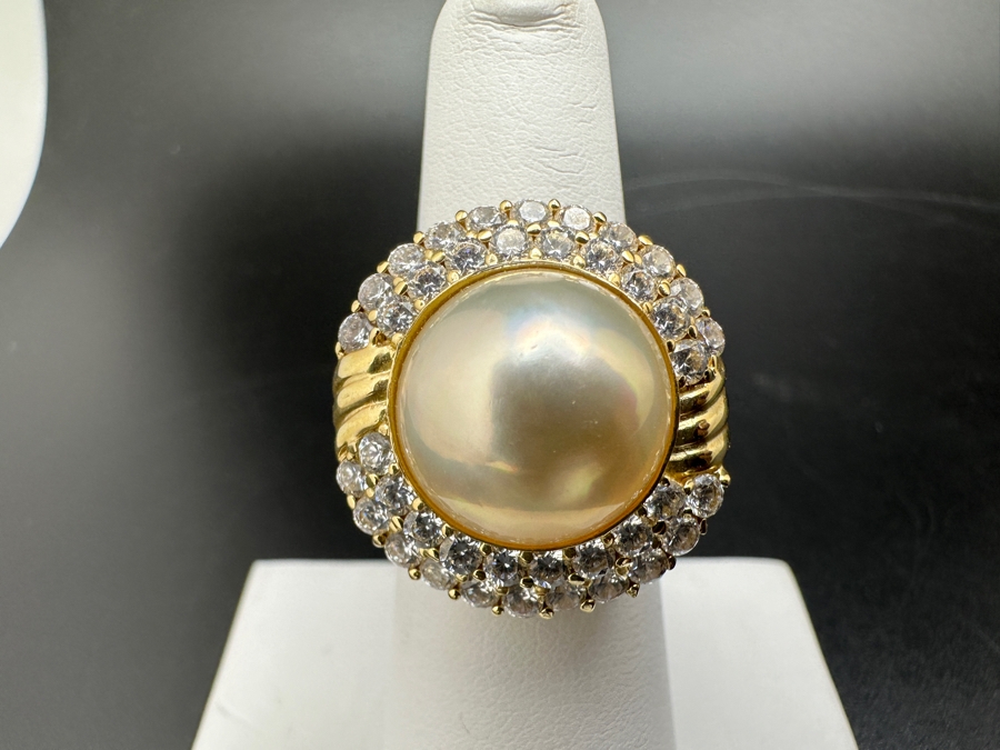 14K Gold Mabe Pearl (14mm) and CZ Ring 9g Size 6.75 FMV $800 Retail $1,600 [Photo 3]
