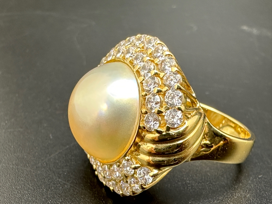 14K Gold Mabe Pearl (14mm) and CZ Ring 9g Size 6.75 FMV $800 Retail $1,600 [Photo 14]