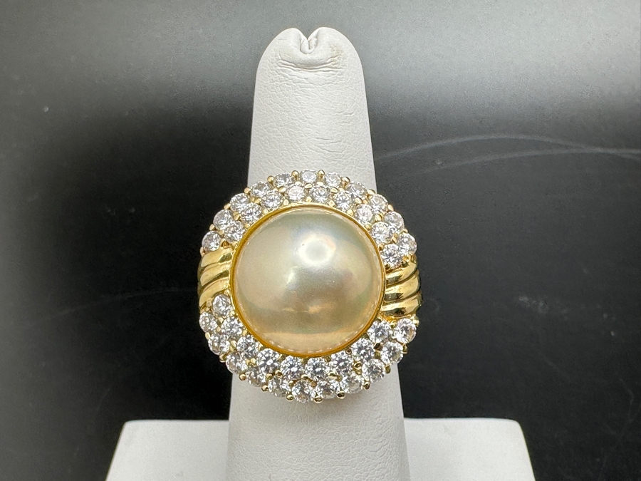 14K Gold Mabe Pearl (14mm) and CZ Ring 9g Size 6.75 FMV $800 Retail $1,600 [Photo 2]