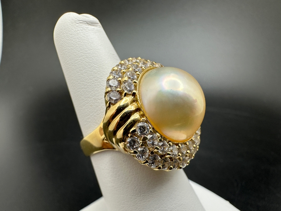 14K Gold Mabe Pearl (14mm) and CZ Ring 9g Size 6.75 FMV $800 Retail $1,600 [Photo 6]