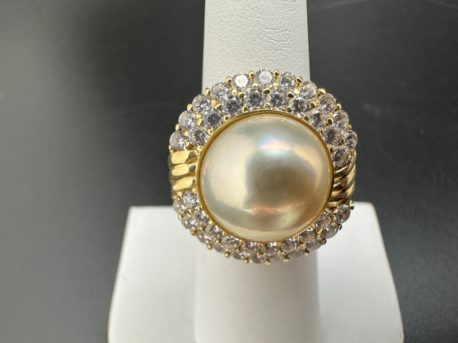 14K Gold Mabe Pearl (14mm) and CZ Ring 9g Size 6.75 FMV $800 Retail $1,600 [Photo 4]