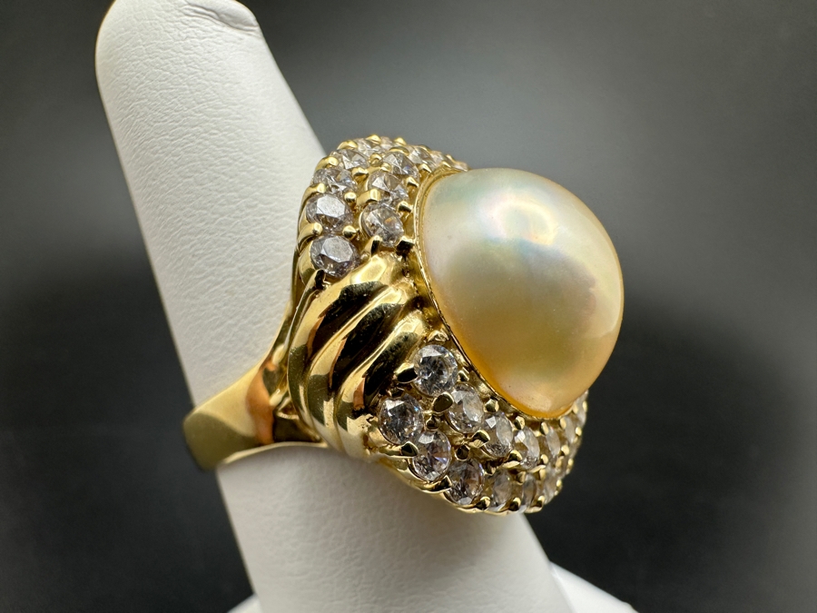 14K Gold Mabe Pearl (14mm) and CZ Ring 9g Size 6.75 FMV $800 Retail $1,600 [Photo 7]