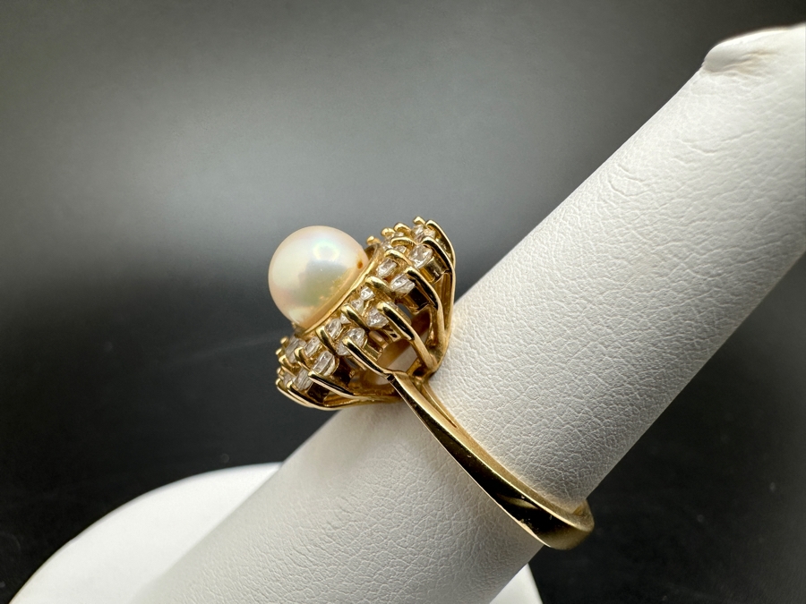 10K Gold Cultured Pearl (7mm) Ring with CZ Accents 4.6g Size 7 FMV $300 Retail $600 [Photo 9]