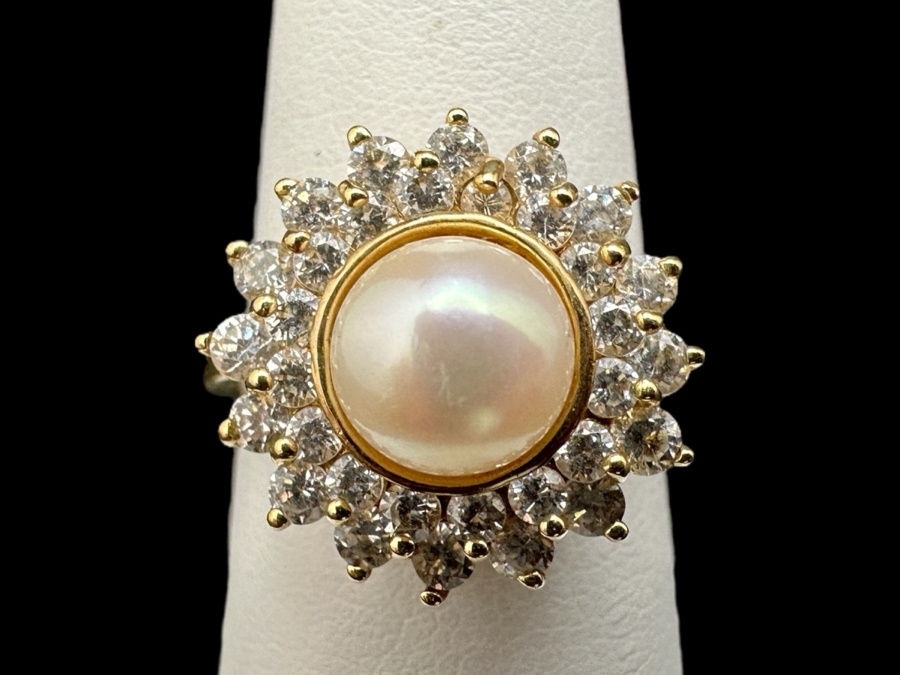 10K Gold Cultured Pearl (7mm) Ring with CZ Accents 4.6g Size 7 FMV $300 Retail $600 [Photo 1]