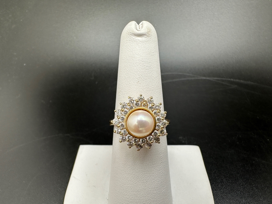 10K Gold Cultured Pearl (7mm) Ring with CZ Accents 4.6g Size 7 FMV $300 Retail $600 [Photo 2]