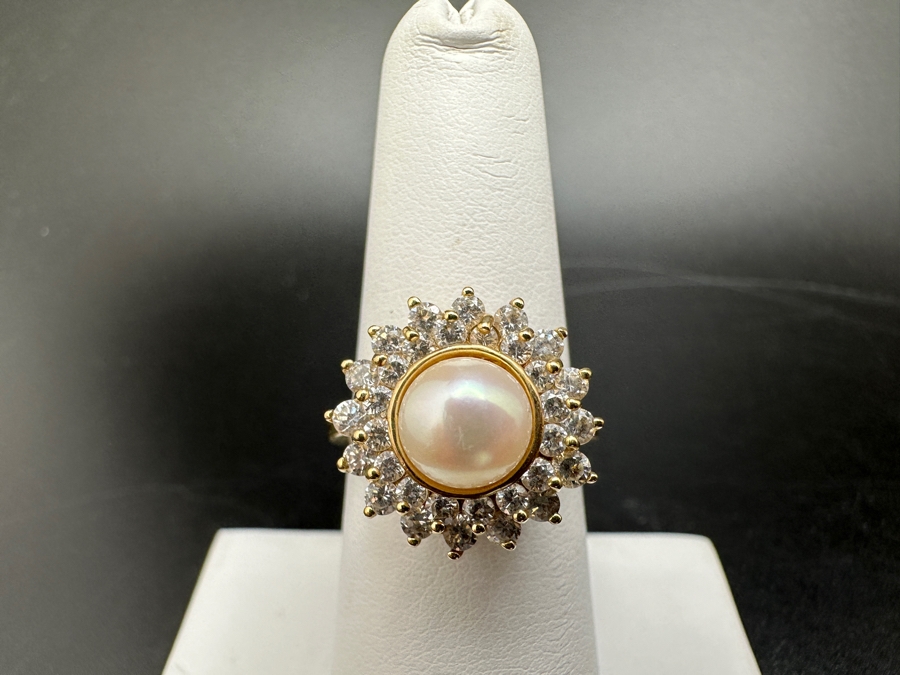 10K Gold Cultured Pearl (7mm) Ring with CZ Accents 4.6g Size 7 FMV $300 Retail $600 [Photo 3]