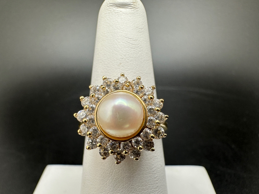 10K Gold Cultured Pearl (7mm) Ring with CZ Accents 4.6g Size 7 FMV $300 Retail $600 [Photo 11]