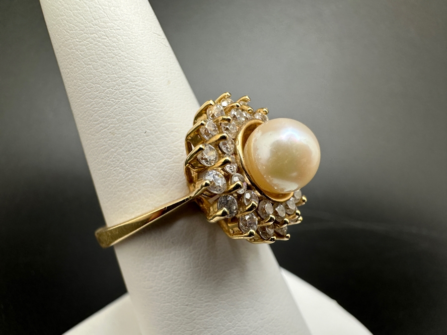 10K Gold Cultured Pearl (7mm) Ring with CZ Accents 4.6g Size 7 FMV $300 Retail $600 [Photo 4]